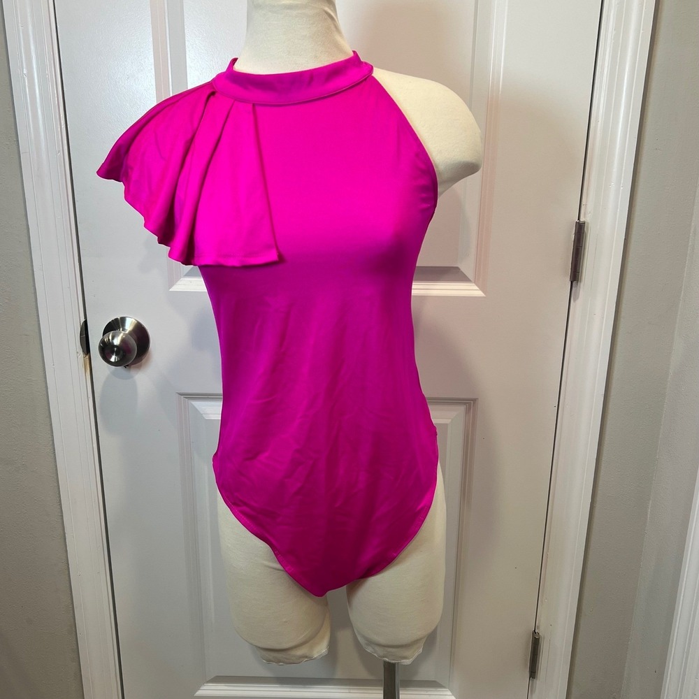 Glam Womens Bodysuit One Shoulder Ruffle Hot Pink L NWT